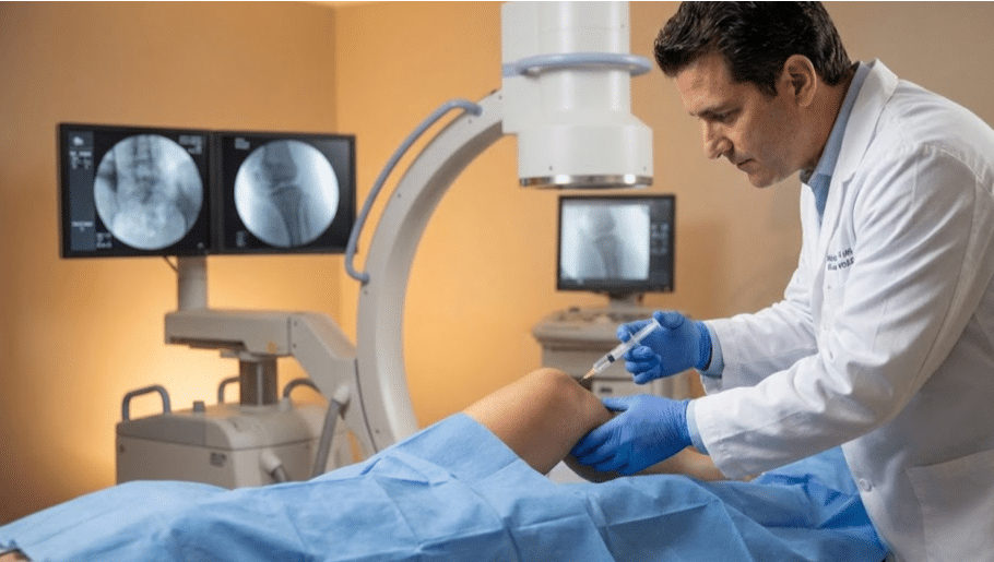 Doctor performing Euflexxa hyaluronic acid knee injection for osteoarthritis patient at Arizona pain clinic