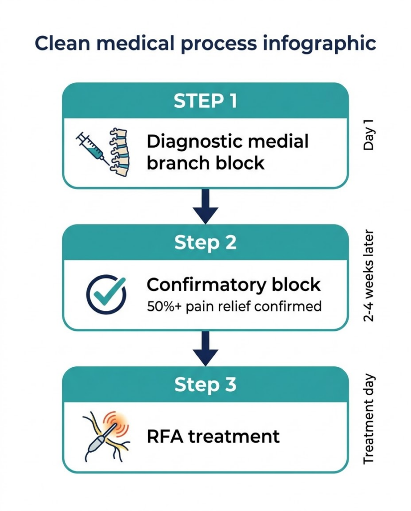 Infographic showing three-step radiofrequency ablation process from diagnostic block to confirmatory block to RFA treatment